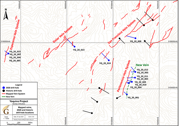 The following map displays the drill program’s drill-hole locations and Yoquivo’s principal veins:
